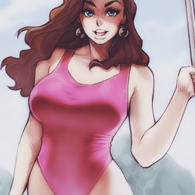 ass, beach, big breasts, blue eyes, breasts, brown hair, earrings, female only, huge breasts, janice hanson, large ass, large breasts, long hair, melkor mancin, one-piece swimsuit