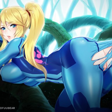 absurdres, ass, bent over, blonde hair, blue eyes, bodysuit, breasts, erect nipples, female, highres, large breasts, light particles, looking at viewer, looking back, metroid