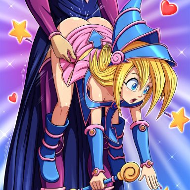 1boy, blonde hair, blue eyes, cards, clothed, clothed sex, dark magician, dark magician girl, faceless male, female, from behind, open eyes, open mouth, reit, size difference