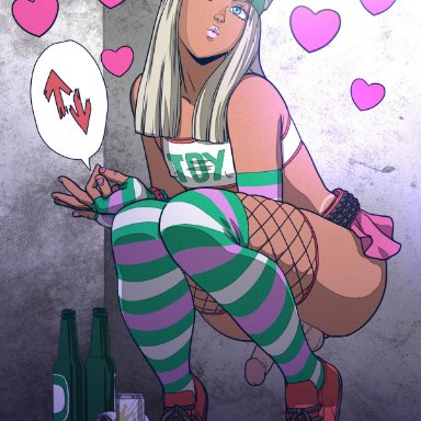 blonde hair, blue eyes, cap, femboy, fishnet, girly, long hair, male, penis, skirt, solo, squatting, stockings, tanned, tekuho