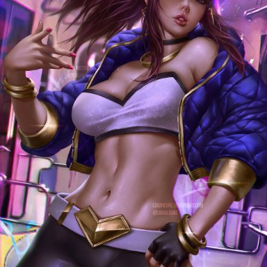 abs, akali, alternate costume, big breasts, breasts, cleavage, female, female only, k/da akali, k/da series, large breasts, league of legends, logan cure, looking at viewer, solo