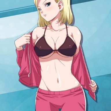1girl, android 18, big breasts, blonde hair, blue eyes, cameltoe, cleavage, curvy, dragon ball, erect nipples, huge areolae, puffy nipples, solo, thick lips, voluptuous