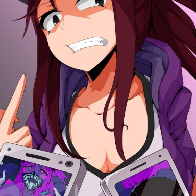 absurdres, akali, angry, baseball cap, black eyes, black panties, breasts, brown hair, cellphone, cleavage, clenched teeth, clothed sex, crop top, cropped jacket, double handjob