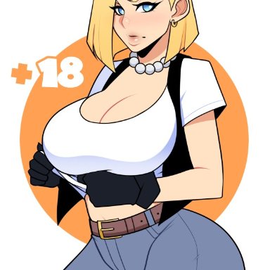 1girl, android 18, blonde hair, blue eyes, cameltoe, cleavage, curvy, dat ass, dragon ball, foxicube, huge breasts, solo, thick lips, voluptuous, wide hips
