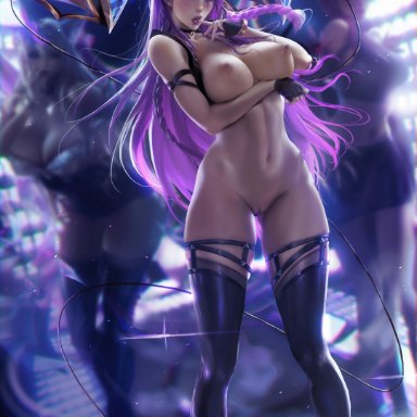 breasts, cleavage, cute, female, female only, k/da kai'sa, k/da series, kai'sa, league of legends, looking at viewer, nipples, nude, pussy, sakimichan, solo