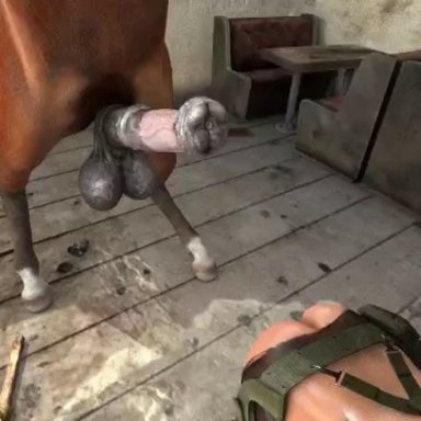 3d, animated, animopron, bdsm, breasts, cum on floor, female, feral on female, horse, horsecock, no sound, quiet (metal gear), tagme, testicles, tied up