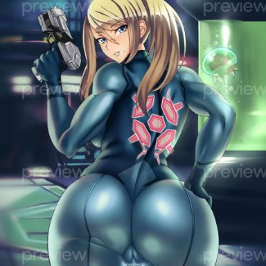 ass, beauty mark, blonde hair, blue eyes, bodysuit, cameltoe, curvy, female, gun, looking back, madkaiser, metroid, mole, nintendo, ponytail