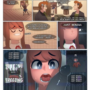 absurdres, big penis, comic, cosplay, doki doki literature club, erection, femboy, girly, highres, male, male only, monika, penis, ra4s, text