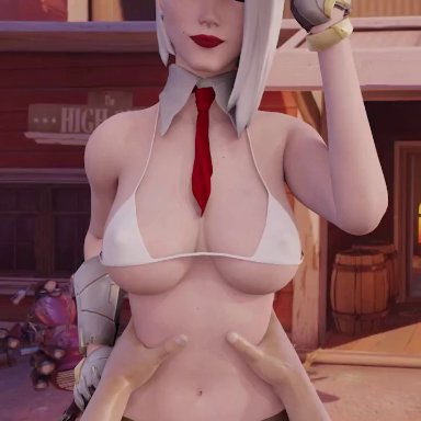 3d, animated, arti202, ashe (overwatch), bikini top, breasts, cleavage, cowboy hat, cowgirl, cowgirl position, female, hat, large breasts, male, necktie