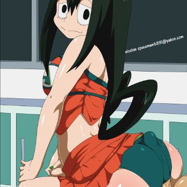 cheerleader, cheerleader uniform, female, green hair, laying down, long hair, looking at viewer, male, my hero academia, nail polish, panties, penis, penis in panties, pleasure face, room