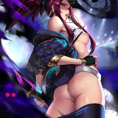 akali, ass, breasts, brown hair, cap, censored, cianyo, female, female only, k/da akali, k/da series, league of legends, nipples, ponytail, pussy