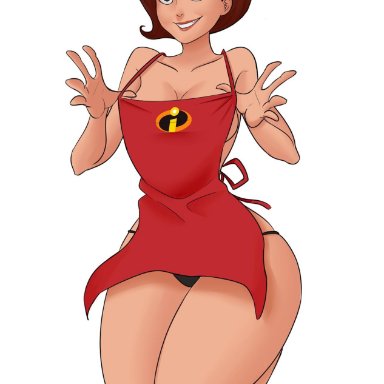 1girl, apron, black panties, breasts, brown eyes, brown hair, cleavage, clothed, collarbone, curvy, female, female only, full body, helen parr, human