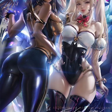 2girls, ass, black hair, blonde hair, cleavage, d.va, dark skin, dark-skinned female, double bun, female, k/da series, overwatch, pharah, sakimichan, standing