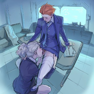 afterlaughs, blizzard entertainment, blonde hair, cunnilingus, duo, female, female only, mercy, moira, overwatch, pubic hair, pussy, red hair, yuri