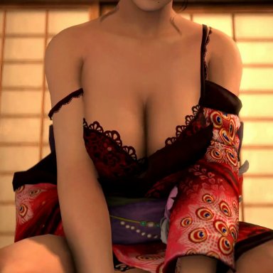 3d, animated, black hair, bra, cleavage, cowgirl position, dead or alive, female, kimono, lazyprocrastinator, male, no sound, nyotengu, penis, pov