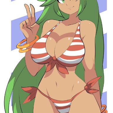 big breasts, bigdead93, bikini, bracelet, green eyes, kid icarus, long hair, palutena, sunglasses on head, tanned skin, wink