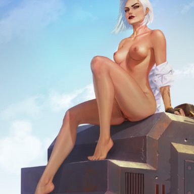 ashe (overwatch), blizzard entertainment, breasts, krysdecker, overwatch, pubic hair, red eyes, tagme, white hair
