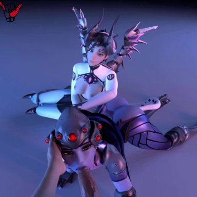 3d, all fours, all pov, animated, blender, blowjob, breasts outside, butt, headgear, horns, imp mercy, looking at viewer, loop, male pov, mechanical wings