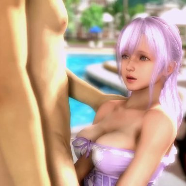 1boy, 1girl, 2018, 3d, animated, bare shoulders, big breasts, breast, clothed female nude male, day, dead or alive, dead or alive xtreme 3 fortune, dress, erection, female