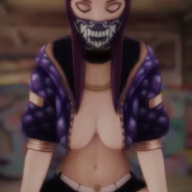 1girl, 3d, akali, animated, belly, blender, breasts, cap, cleavage, closed eyes, clothed, clothed female nude male, clothes, clothing, female