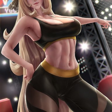 1girl, abs, armpit, big breasts, blonde hair, breasts, cameltoe, cleavage, clothing, cynthia (pokemon), female, female only, human, large breasts, limgae