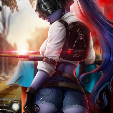 ass, ayyasap, crossover, female, overwatch, playerunknown's battlegrounds, shorts, solo, standing, widowmaker