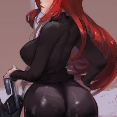 1girl, ass, breasts, curvy, cutesexyrobutts, dress, female, female only, half-closed eyes, highres, human, long hair, parasoul, red eyes, red hair