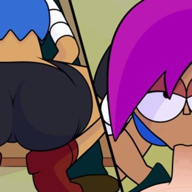 animated, big ass, big eyes, bike shorts, black spats, blowjob, cartoon network, dark-skinned female, enid, fellatio, from above, from behind, looking at viewer, lovestar, lovestar (artist)