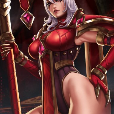 big breasts, breasts, cleavage, dandon fuga, female, female only, heroes of the storm, large breasts, looking at viewer, sally whitemane, solo, thighhighs, world of warcraft