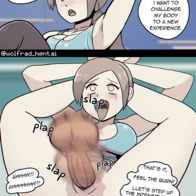 ahe gao, big breasts, big penis, instant loss 2koma, mating press, nintendo, ponytail, text, wii fit, wii fit trainer, wolfrad senpai