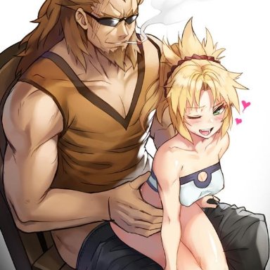 1boy, age difference, bare arms, bare shoulders, blonde hair, blush, breasts, chair, cigarette, clavicle, cleavage, cleavage cutout, erect nipples, erect nipples under clothes, fate (series)