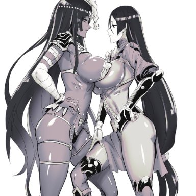 2girls, bandaged arm, bandages, big breasts, black hair, breast frottage, breasts, circlet, dark hair, dark skin, dark-skinned female, eye contact, face-to-face, fate (series), fate/grand order