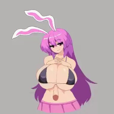 animated, big breasts, bikini top, breasts, bunny ears, bunny girl, cum, cum on breasts, huge breasts, looking at viewer, paizuri, penis, purple hair, reisen udongein inaba, smile