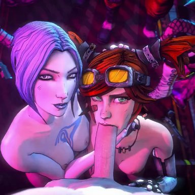 3d, angry, animated, blowjob, blue eyes, blue hair, borderlands, borderlands 2, breasts, cleavage, collar, cum, cum in mouth, cum on face, facial