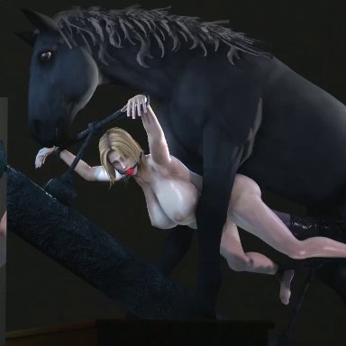 3d, anal, anal sex, animated, ball gag, blonde hair, breasts, dead or alive, doggy style, dreamersfm, equine, equine penis, female, horse, horsecock