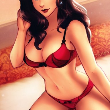 asami sato, avatar the last airbender, bra, breasts, cleavage, female, female only, iahfy, looking at viewer, panties, solo, the legend of korra, thighhighs