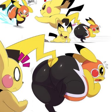 !, 1boy, 1girl, 2018, ass, big ass, chubby, cleft tail, clothing, cosplay pikachu, costume, duo, ears, female, fighting