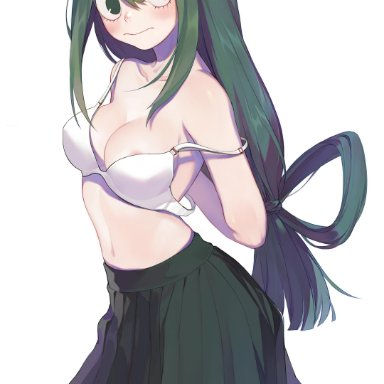 areolae slip, blush, bra, bra pull, clothes removed, clothing, female, green eyes, green hair, hair tie, hands, long hair, looking away, medium breasts, my hero academia