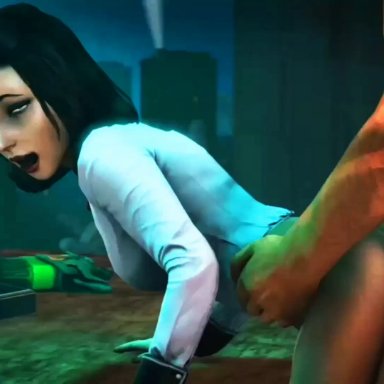 1boy, 1girl, 3d, animated, bent over, bioshock, bioshock infinite, black hair, blue eyes, burial at sea, clothed, desk, elizabeth, from behind, large breasts