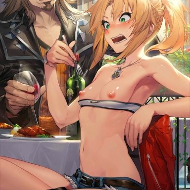 1boy, armpits, bandeau, bangs, bare shoulders, blonde hair, braid, breasts, breasts outside, clavicle, duo, embarrassed, fate (series), fate/apocrypha, fate/grand order