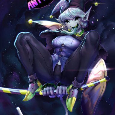 2018, breasts, clothed, clothing, deltarune, digital media (artwork), female, hat, highres, jevil (deltarune), jlullaby, long tongue, open mouth, pointy ears, rule 63