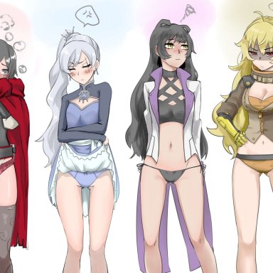 4girls, angry, annoyed, black hair, black panties, blake belladonna, blonde hair, blue panties, blush, breasts, cape, cat ears, cleavage, clothed, clothing