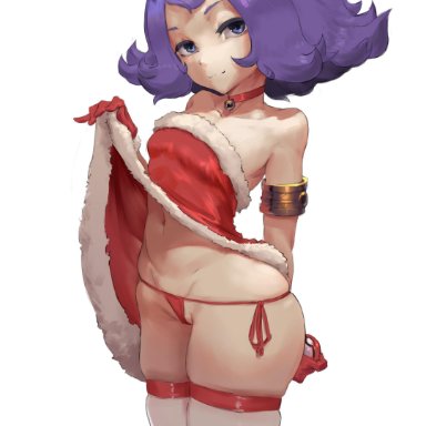 1girl, acerola (pokemon), arm behind back, ass, bare shoulders, bell, belly, bracelet, breasts, choker, christmas, cutesexyrobutts, dress, dress lift, female