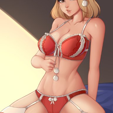 big breasts, blonde hair, bra, breasts, camie utsushimi, female, female only, garter belt, large breasts, lingerie, looking at viewer, my hero academia, panties, shellvi, solo