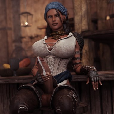 1futa, 3d, amber eyes, black hair, boots, cleavage, corset, cum, cumshot, dark penis, dark skin, dark-skinned futanari, dickgirl, dragon age, dragon age 2