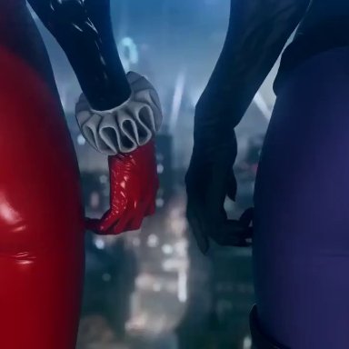 2girls, 3d, animated, ass, batman (series), bodysuit, catwoman, dc, dc comics, female, harley quinn, holding hands, no sound, reddoe, standing