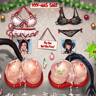 aaa, animal ears, anus, ass, black hair, body writing, bra, choker, christmas, christmas ornaments, condom, cum, cum in ass, cum in pussy, cum inside