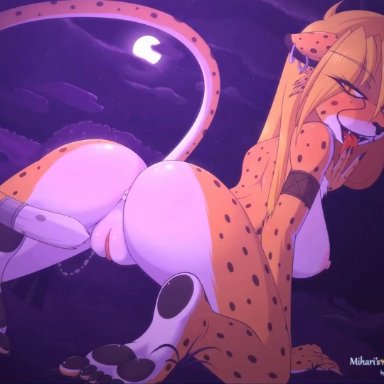 1girl, absurdres, all fours, animated, anus, areola, areolae, ass, big breasts, black pawpads, blonde hair, breasts, cheetah, chest tuft, claws