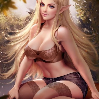 blonde hair, bra, breasts, cleavage, female, female only, looking at viewer, pointy ears, princess zelda, shurakrgt, solo, the legend of zelda, thighhighs