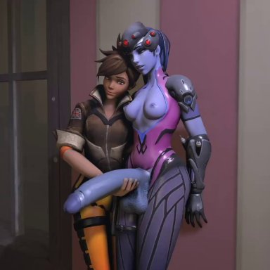 animated, cum, cumshot, cumstring, futa on female, futanari, handjob, huge balls, huge cock, overwatch, sfm, tagme, tracer, webm, widowmaker